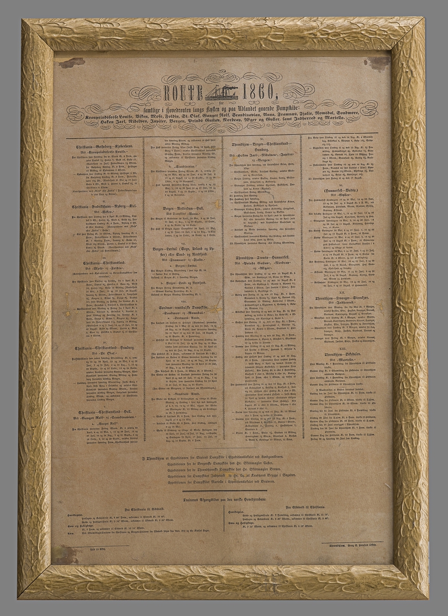 Rektangulært vertikalt oppslag med tekstbasert informasjon om damskip lang kysten og i utenriksfart i 1860, samt noe informasjon om ruter på hovedjernbanen. 
Rammen er av tre, med en "ruglete" forgylt overflate.