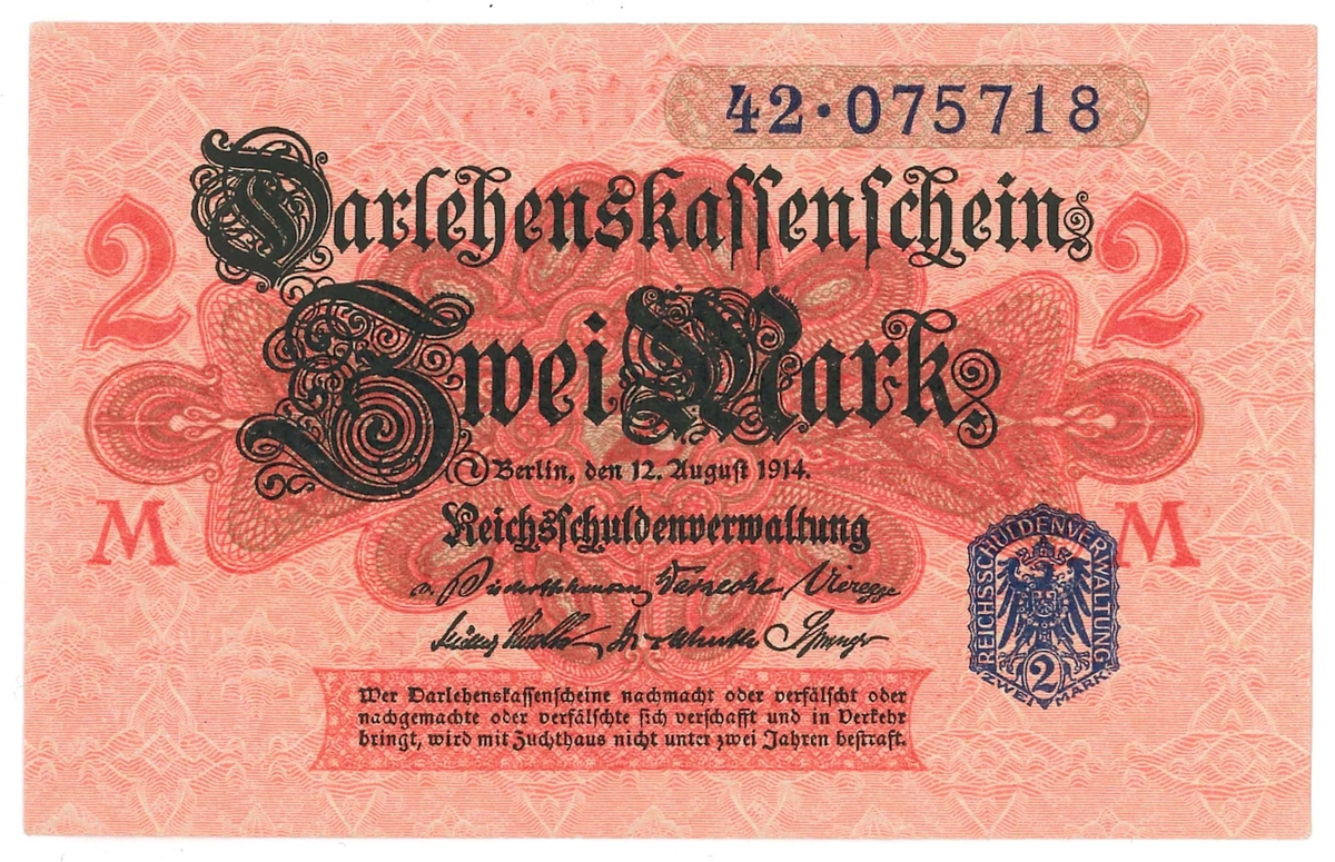 Sedel, 2 Mark, från år 1914.

Ingår i en samling sedlar, huvudsakligen från Tyskland.