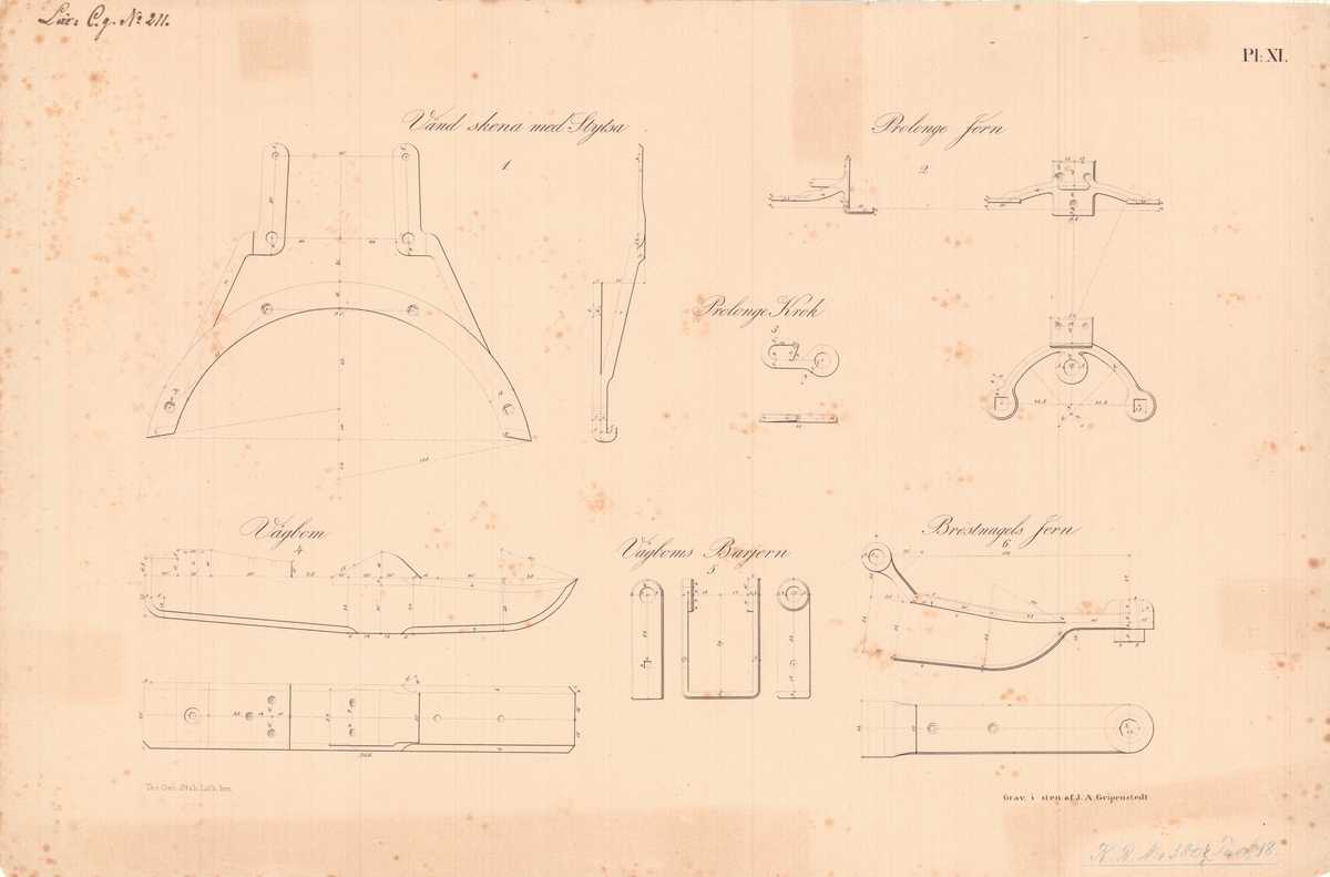14 st ritningar visande 6 pundig kanon och 12 pundig granatkanon av järn med lavettage av 1831 års modell