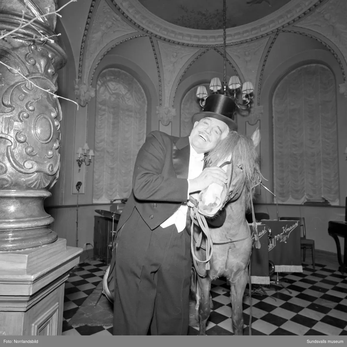 Sällskapet Stallbröderna, ett svenskt ordenssällskap för skådespelare och nöjesprofiler, anordnar ett jippo på Knaust i Sundsvall där Adolf Jahr tar upp en häst i hotellet via den berömda trappan.