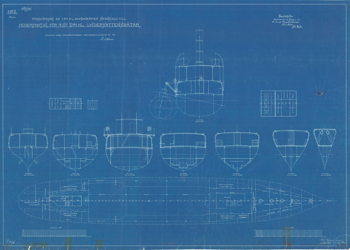 Förändring av 1a klass kanonbåt till moderfartyg för ubåtar. Sammanställningsritning
