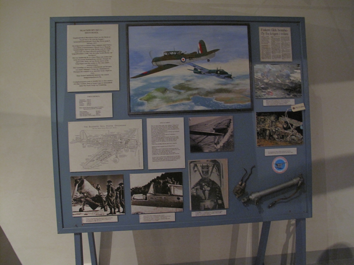 Deler fra Blackburn Skua samt generell informasjon om flytypens innsats på norsk jord  i 1940. Viser også den innsatsen som ligger bak berging av flyvrak. 
Montasjen er beregnet for reiseutstillinger.