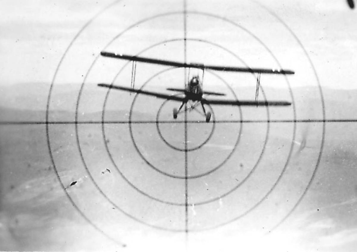 Luftfoto, ett fly i luften, sett gjennom våpensikte.
Tiger Moth i sikte.