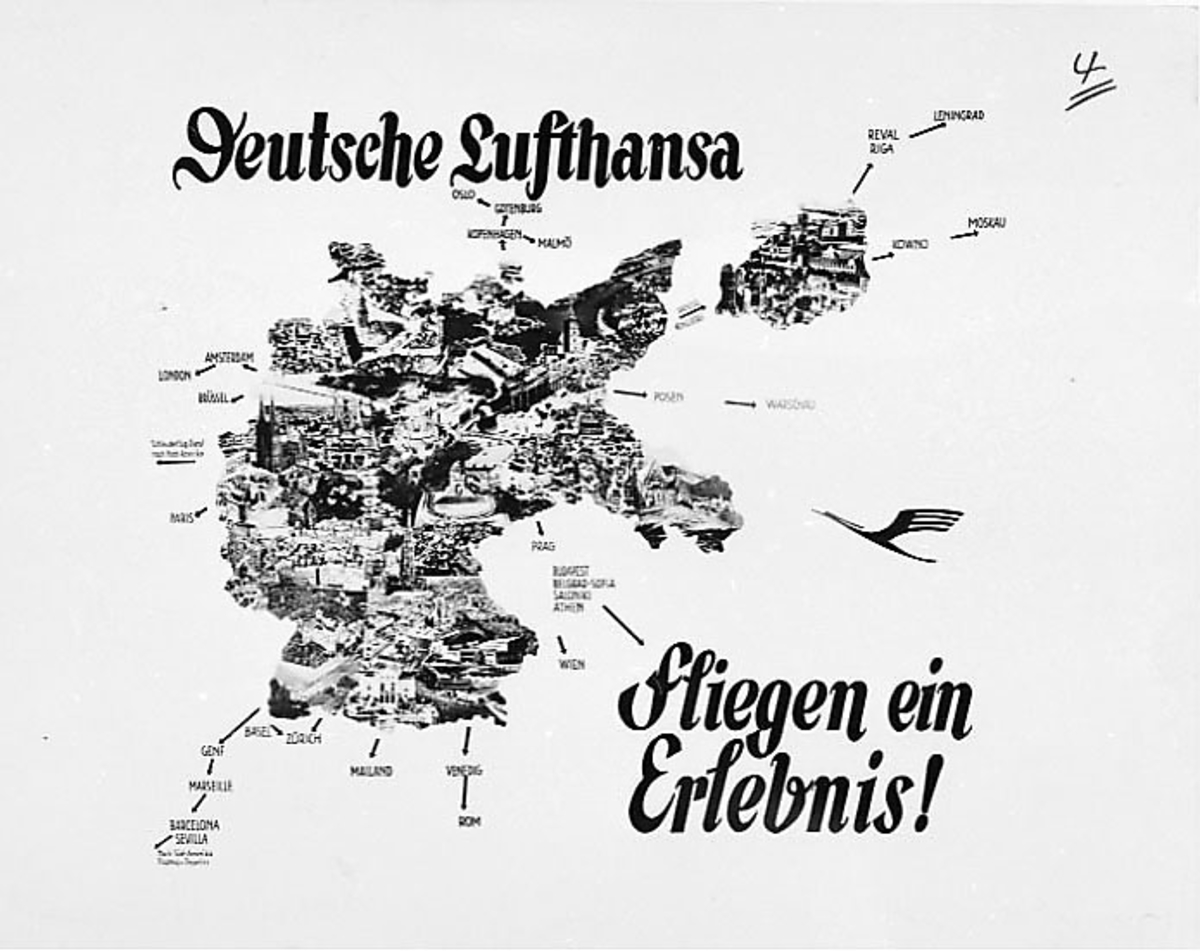 Div. reklame og opplysninger om TWA - illustrert med bilder, skisser og tekst. Montaje som viser kjente div. kjente flysteder - Lufthansa.