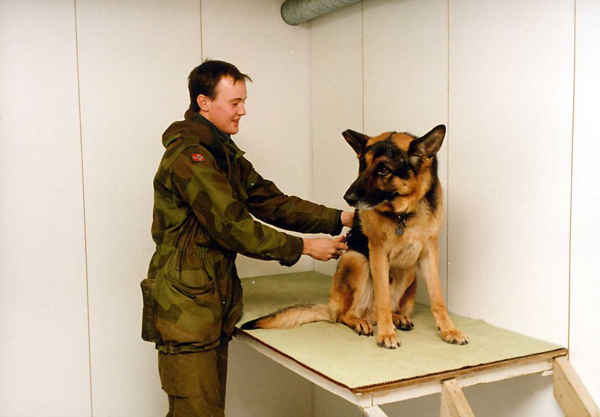 Portrett. En person i uniform med hund.