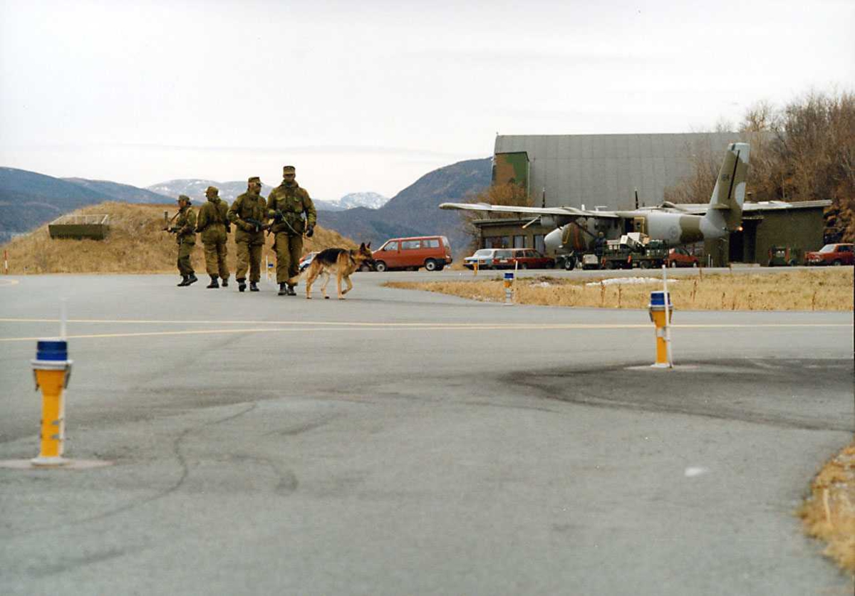 Gruppe. Fire personer i uniform med hund, fly, kjøretøyer og hangar i bakgr.