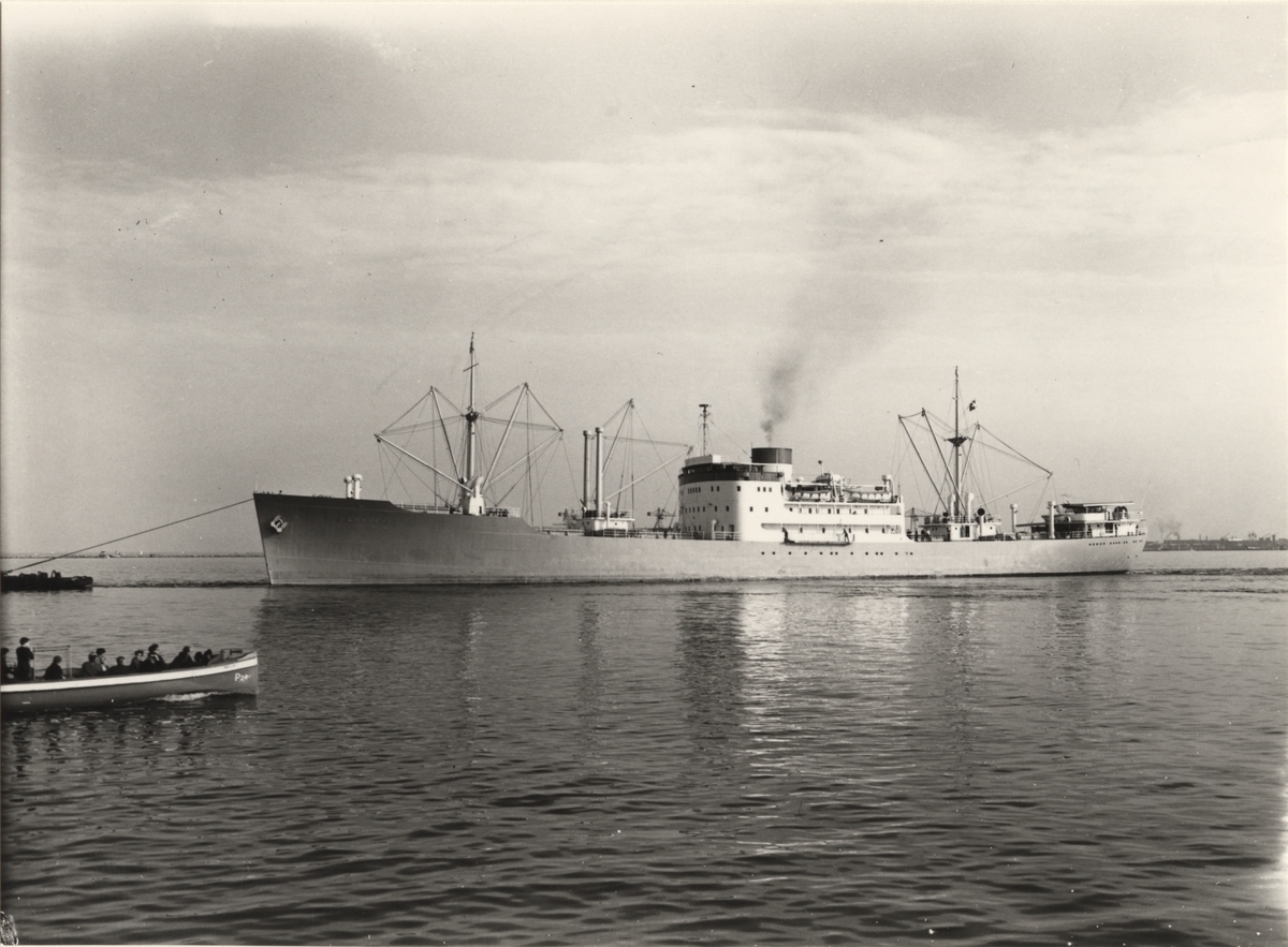 Foto i svartvitt visande lastmotorfartyget "SUNNAREN" i Köpenhamn den 25.6.1953.