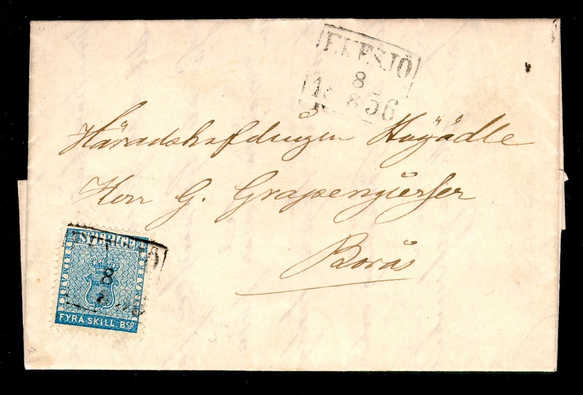 Brev från Eksjö, Småland 8 augusti 1856, till Borås, Västergötland. 4 Skilling Banco. 

Stämpeltyp: Normalstämpel 7