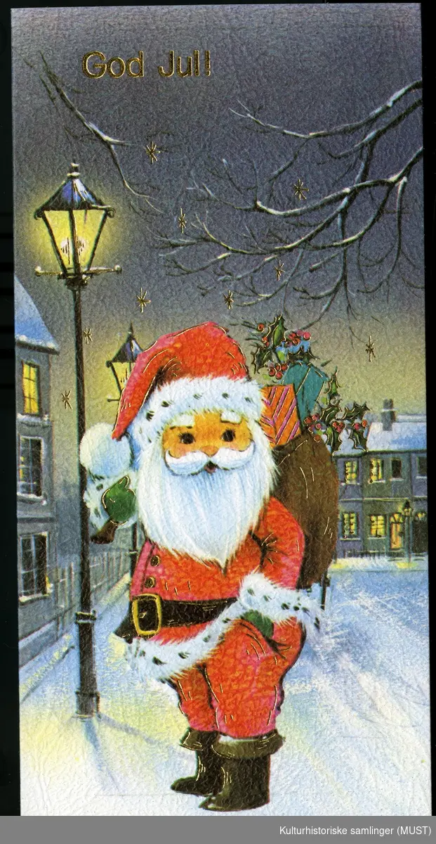 Jule og nyttårskort solgt fra Hustvedt.
Motiv av En julenisse i en by. God jul. Foldekort med teksten " de beste ønsker for julen og det nye året" inni