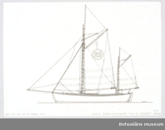 Montering/ram: Passepartout av tunn grå kartong; 55 x 66 cm, Norsk redningssköite, Colin Archer, byggd 1893.
Övrig historik se UM72.26.001.