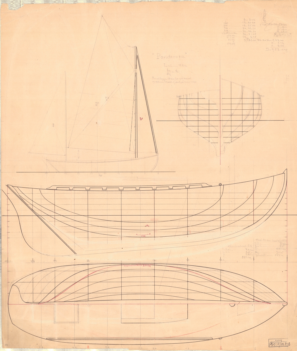 Tvåmastad segelbåt
Spantruta, rigg-, profil- och linjeritning