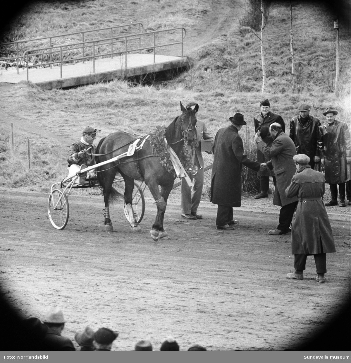 Vårtävlingar på Bergsåkers travbana 1957. Lagerkrans blev det  för vinnarekipaget Märta Rappson & Sören Nordin.