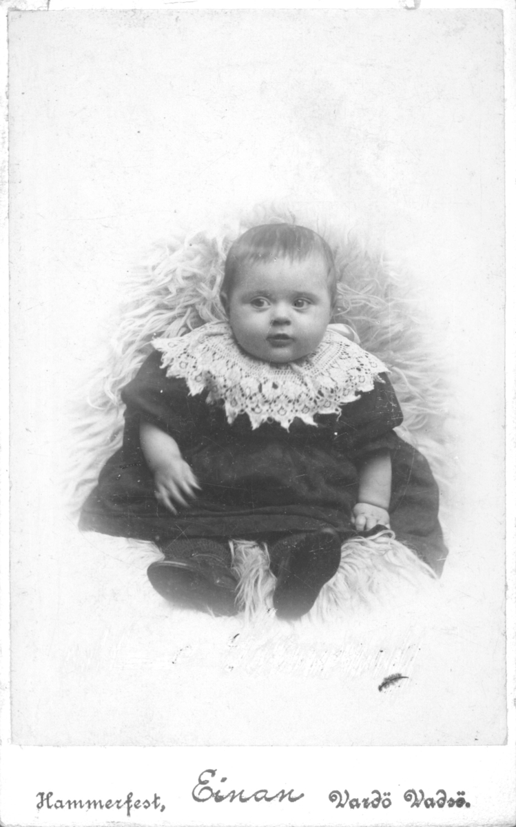 Portrett av en lite barn. Babyen sitter på en sauskinn på en stol og er kledd i en mørk kjole med en stor hvit krage. Bak på bildet står det notert "1 aar", men barnet er ikke navngitt. Bildet er trolig rosatonet. Bildet er tatt av fotograf Einan, med virke i Hammerfest, Vardø og Vadsø, iflg. visittkortfotografiet.
