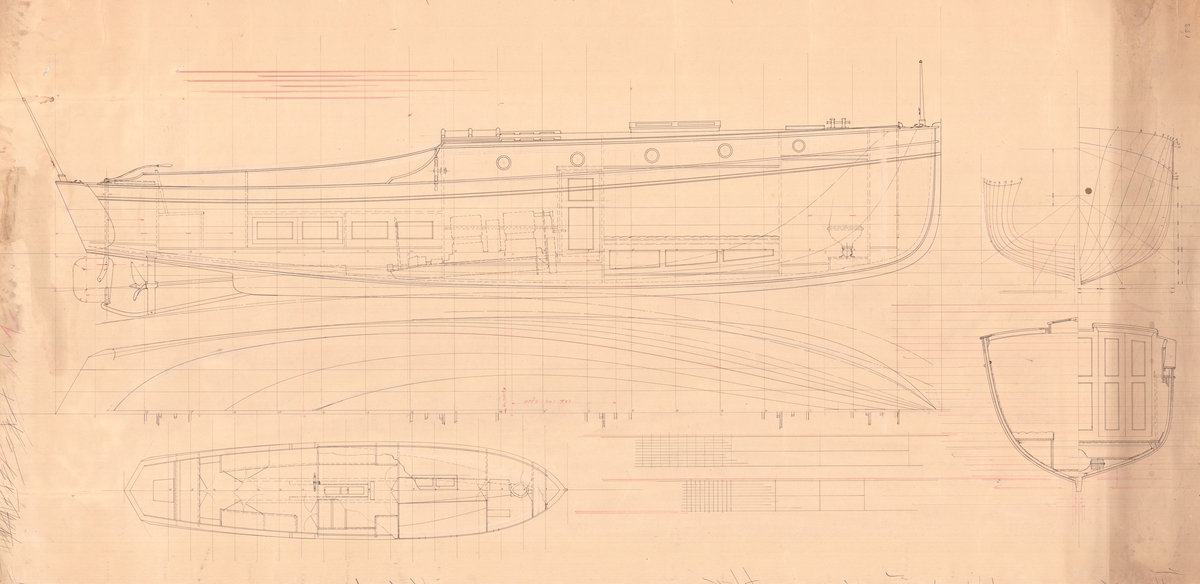Ritning till motorbåt ritad av C G Pettersson för ingenjör Erik Bruhn Norrtälje. Skiss, Spantruta, linje- och inredningsritning i plan, profil och sektion
