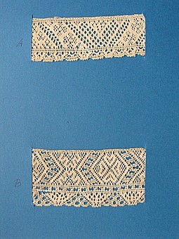 A. 9 x 3,3 cm Tulpan, hängle, en variation på solfjäderstagg.
B. 9 x 4,5 cm Hjärtan i klunga, halva kres, halva trissor,sexhålstagg med tulpan.