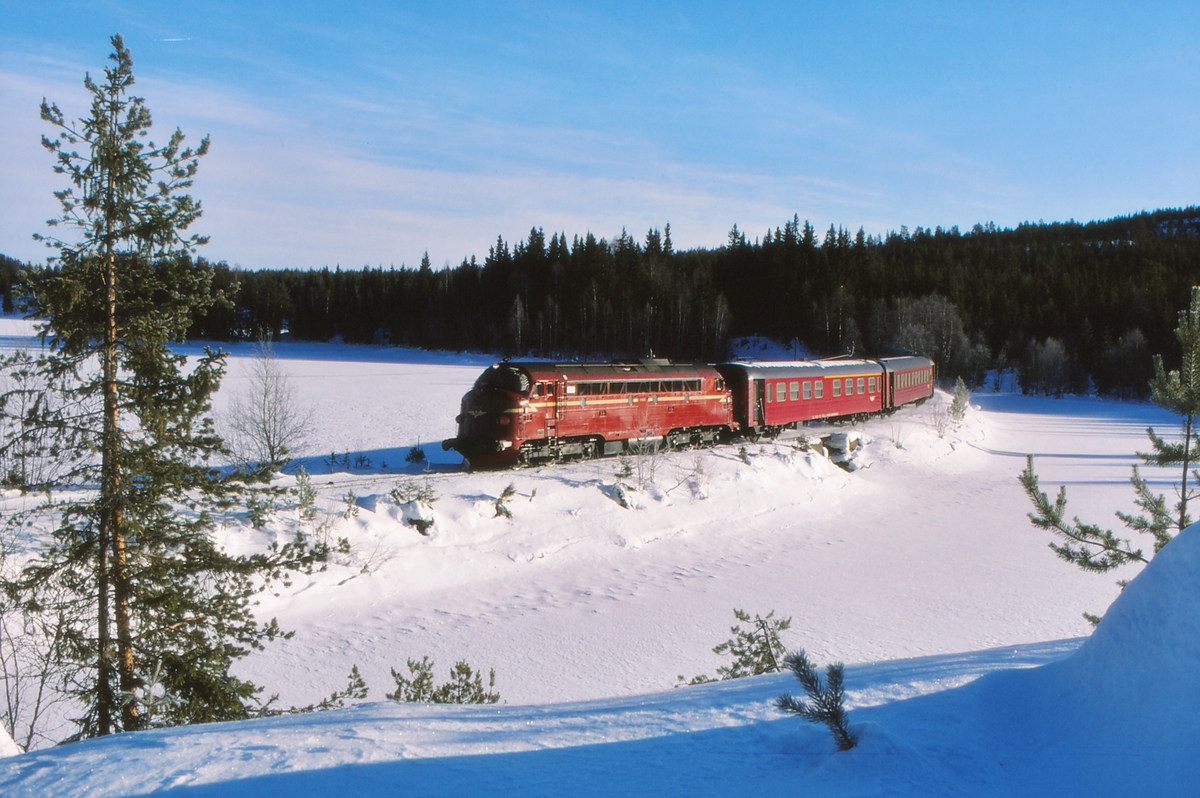 Godstog Eina - Fagernes ved Trevatn. Toget har med to personvogner som skal nyttes i søndagstoget, tog 286, fra Fagernes. NSB dieselelektrisk lokomotiv Di 3 633.