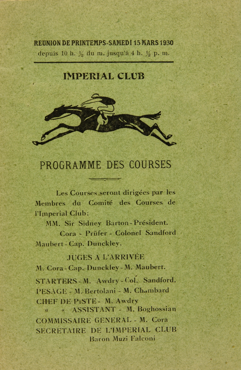 Program for hesteveddeløp i Addis Abeba, Imperial Club, 15. mars 1930.