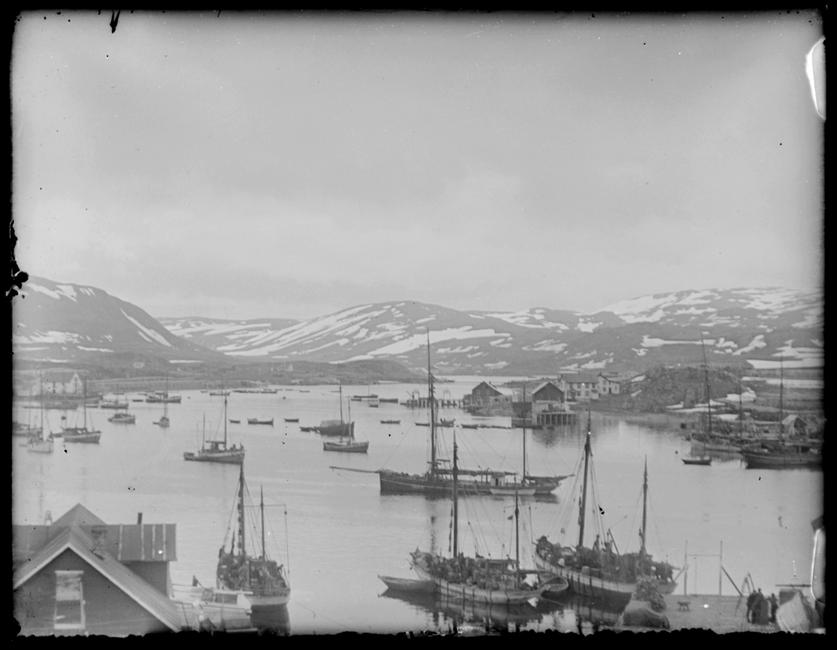 Havna i Båtsfjord med båter, kaier og pakkhus. To store fullastede seilbåter, russelodjer, ligger ved kaia. Til høyre ligger Holmen og til venstre selve fiskeværet. Nederst i venstre billedkant sees J. E. Abrahamsens fiskebruk. Fiskebruket til venstre er mest sannsynlig et av Golla Fugleviks.