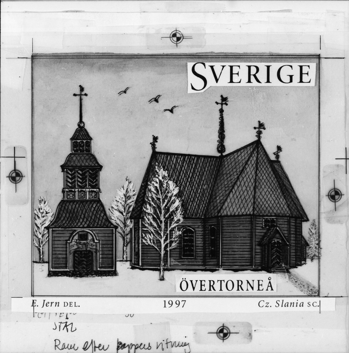 Originalteckning till frimärket "ÖverTorneå kyrka" för frimärksutgåvan Svenska hus 3, kyrkor, 1997.