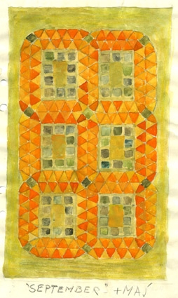 Färgskiss till rölakans matta komponerad av Anna Hådell.Påskrivet namnen "September + Maj". 6 st avrundade rutor uppbyggda av oranga trianglar och inuti gråa rutor. Bottenfärg ljust gulgrön.
