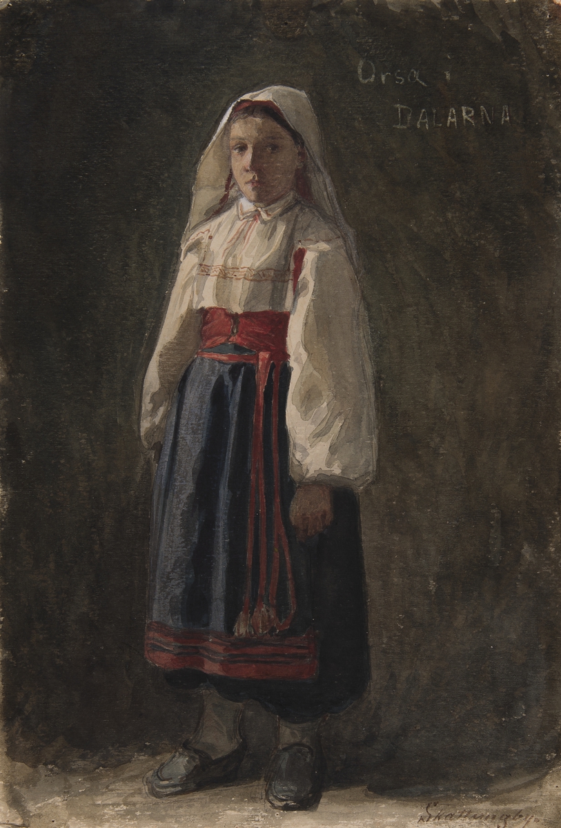 Flicka i dräkt. Akvarell av C.G. Hellqvist