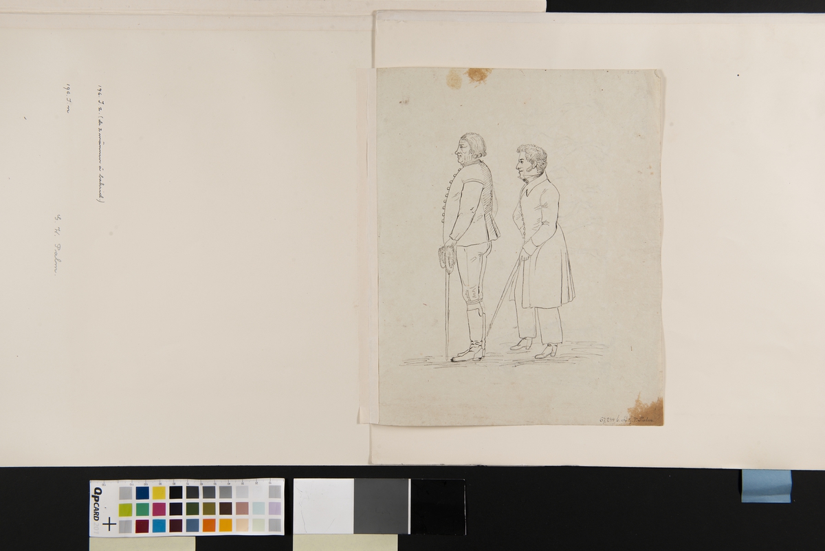 Lund 1826. Stadsbild, kvinnor o man till häst samt en gående kvinna bakifrån. Baksida två män med käppar . Tuschteckningar av G.W Palm
