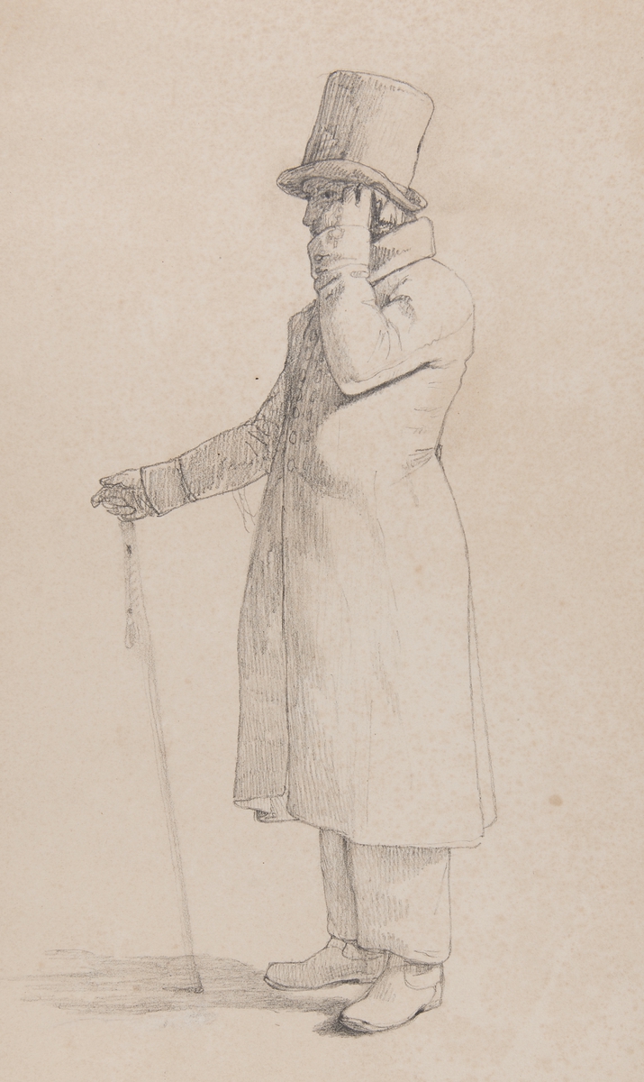 "Onsjö Härad" Man i dräkt med hatt och käpp, stående i profil  helfigur. Blyertsteckning i storformat av Otto Wallgren.
