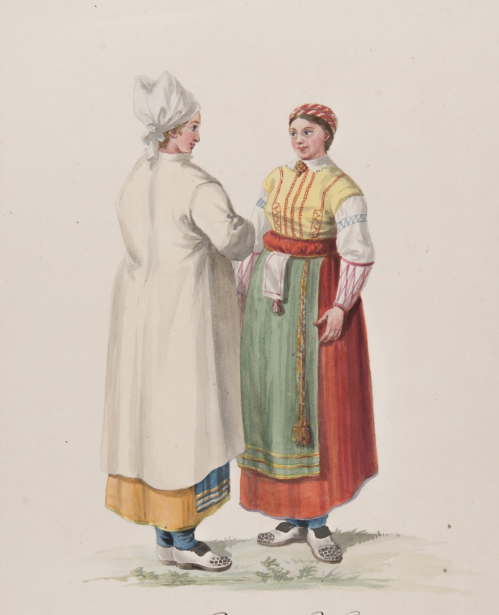 Dräkt. "Femmes de la Paroisse de Wingåker"  Två kvinnor i dräkt. Akvarell i storformat av C.W. Swedman.