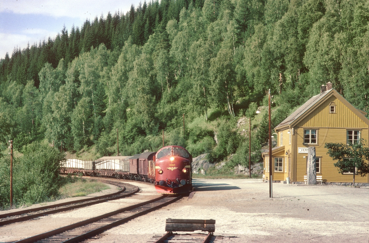 Godstog passerer Verma stasjon med NSB dieselelektrisk lokomotiv Di 3 625.