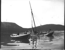 Fiskere i en robåt og en notbåt tar opp sild i Kasfjorden.