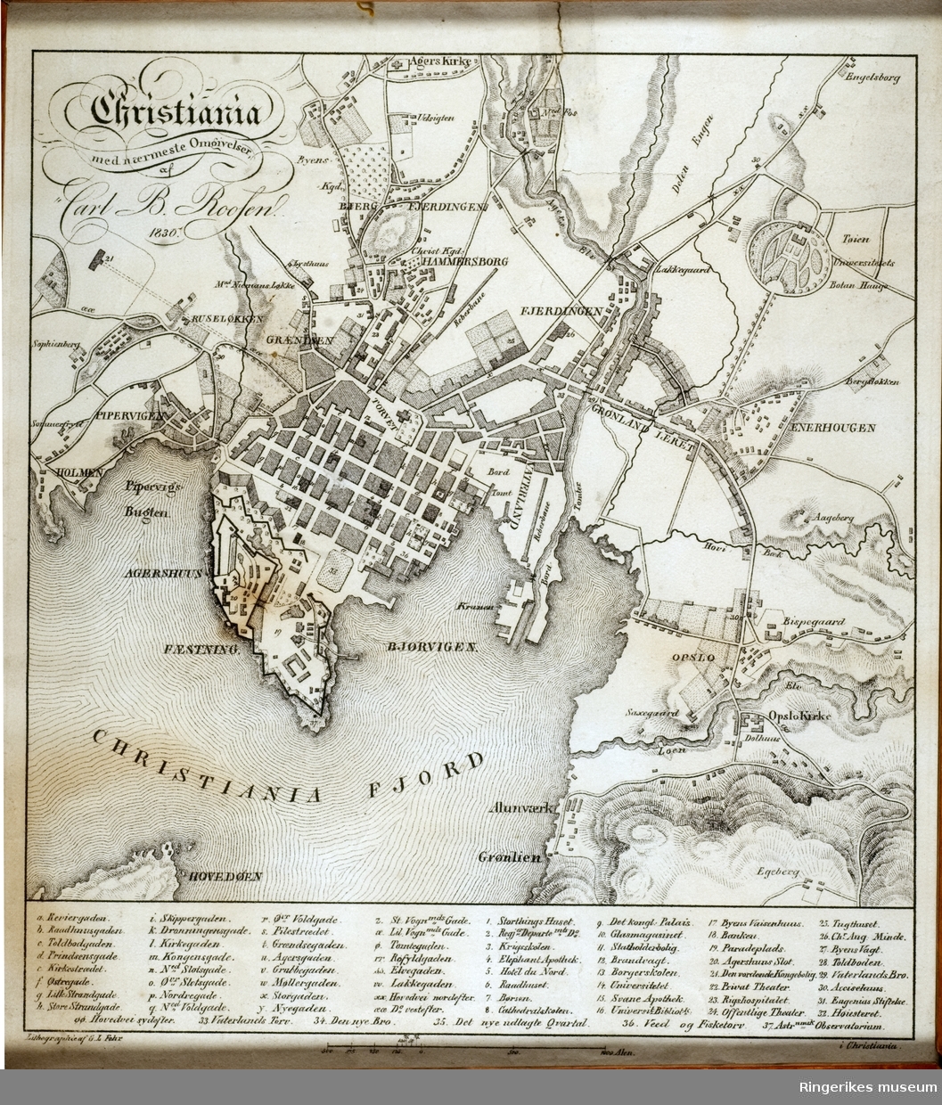 En liten kopi av et kart over Christiania (Oslo), hvor originalen er fra 1830.