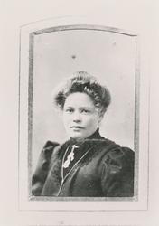 Portrett av en kvinne med finklær og sølje.