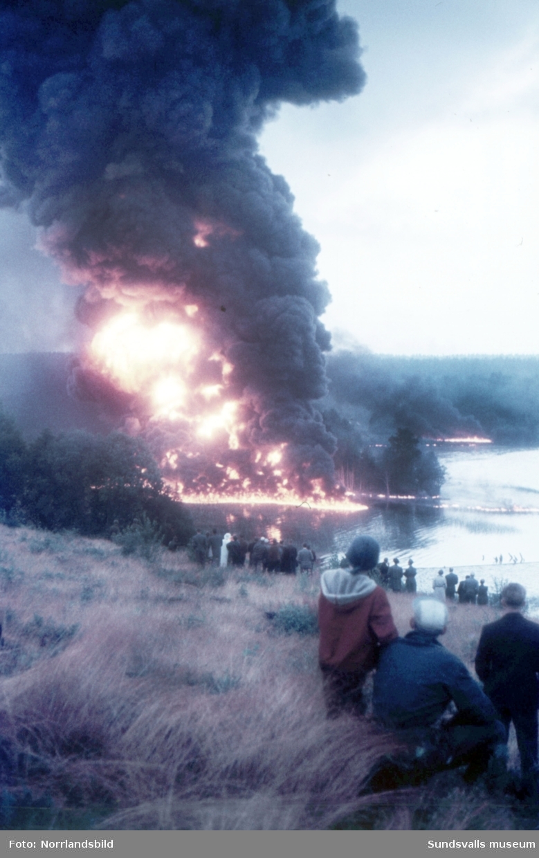 Bränning av olja vid Lörudden efter den norska oljetankern Gogstad som strandade och bröts sönder vid Bremö kalv den 1 december 1964.