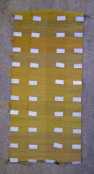 Möbeltygsprover vävt i kypertvariation - med märketiketter.
WLHF-998:1 - Provväv med varp av bomull i 4 olika nyanser beiget/brunt, uppdelat i 4 sektioner - benämnt A varp 454  - B varp 470 - C varp 462 - D varp 1224. Ett ca 1 cm brett parti  utan varp som gräns mellan varpsektionerna. Inslag av ullgarn och lingarn i olika nyanser av orange och gult i sammanlagt 10 olika partier benämnda "Prov nr: A B C och D 1-10. Vid varje nytt provnummer finns en etikett och några trådar av inslagsgarnet. Mått: 990x420 mm. Bild A. Bild B visar en detalj. 
WLHF-998:2 - Provväv remsa med samma gråbruna varp och 6 sektioner med olika nyanser på inslagsgarn, markerat med pappetikett Nr 1 - Nr 6, och några trådar av inslagsgarnet. Mått: 650x160 mm. Bilden är ett montage, visar provet t.h. och en närbild med Nr 5 t.v.Proverna utgör olika varianter av möbeltyg till St Persgården, Leksand, nybyggd 1988. Vävprov nr 5 hos 998:2 valdes att användas till stolar. Till proverna hör en Vävnota. Här står bl.a.: "Gult melerat möbeltyg i korskypert till S:T Persgården  Varp: Bom.g 16/2 Inslag: 2 trådar Fårögarn (Gult & Guldorange) och 2 trådar lingarn 16/1 (Brun & Gul) Till varje stol vävdes 60 cm tyg. Totalt 60 st stolar". Vävnotan finns i "LÅDA Tillbehör B", scannad till pärm och datamapp "Tillbehör". Foton från 2007 som visar stolarna på plats samt stolsdyna tillsammans med provet :1 finns i datamappen "Tillbehör".