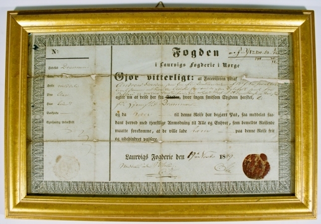 Reisetillatelse fra Fogden i Larvik, datert 19 november 1849