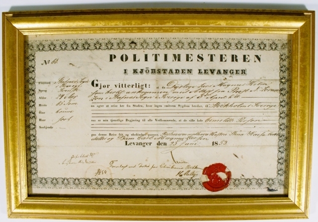 Reisetillatelse fra politimesteren i Levanger, datert 1833