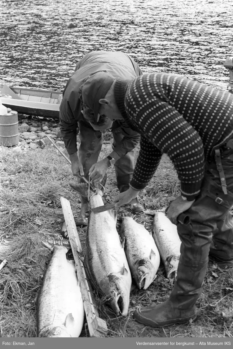 Hytteinteriør med personer.

Fotografert mellom 1970 og 1988.

Fotoserie: Laksefiske i Altaelva i perioden 1970-1988 (av Jan Ekman).
