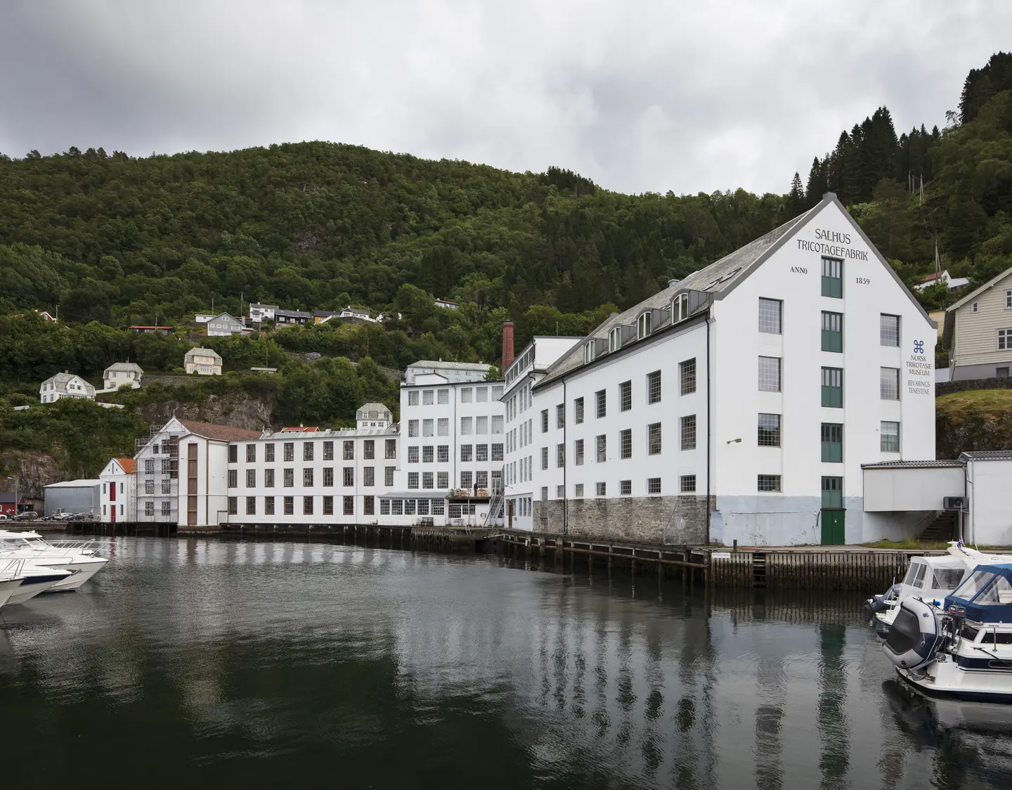 Salhus Tricotagefabrik as seen from the seaside.