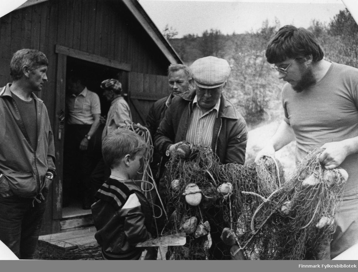 Fra "Käpälä-fisket" (som er tradisjonsbaserte kastenotfiske) ved hytta ved Neidenelva. Fra venstre: Magnar Arvola, Åge Karikoski, Arne Mikkelsen, Eilif Labahå, Karl-Johan Enbusk. Gutten foran er Pål-Magne Arvola.