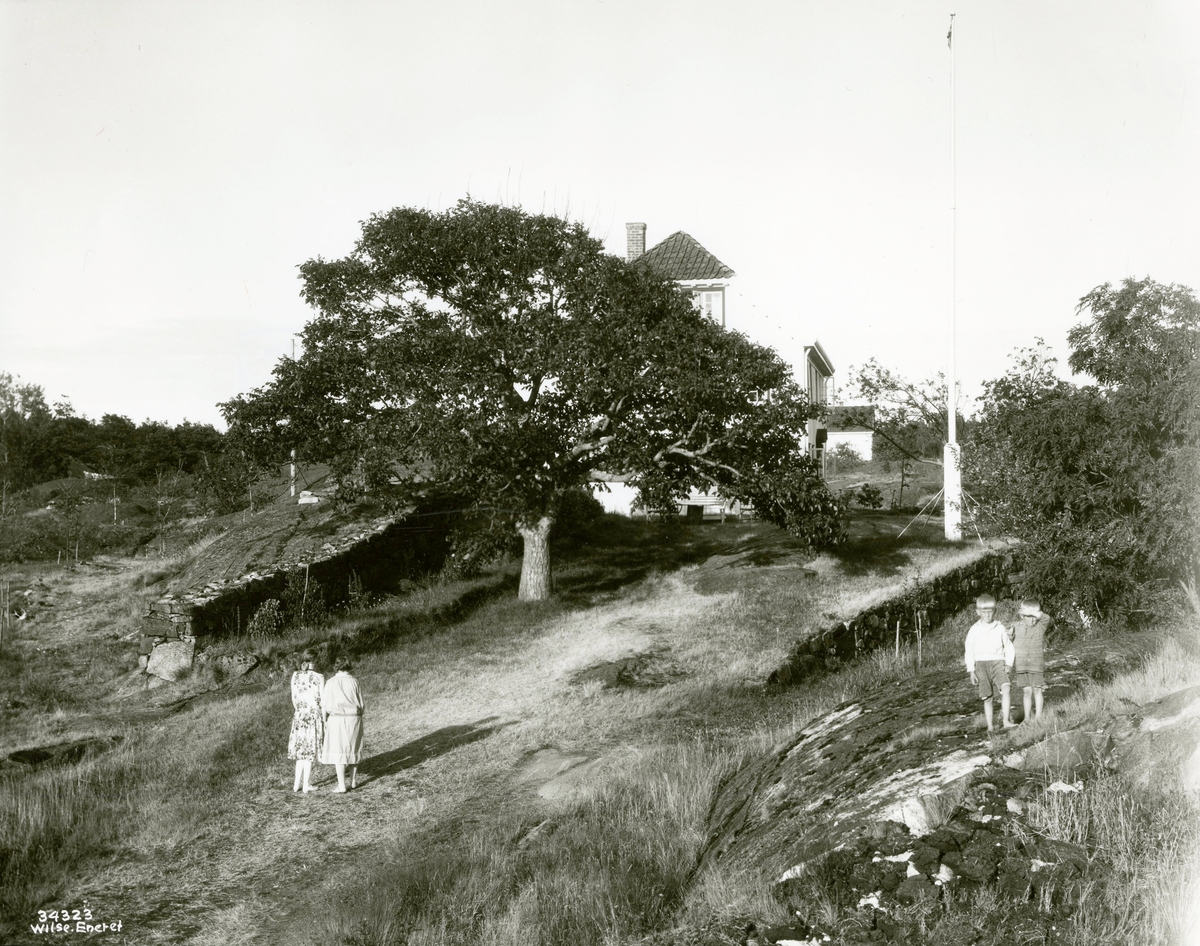 Bråtøy hovedgård, Skåtøy. Huset bak tuntre, to kvinner og to gutter. 1929.