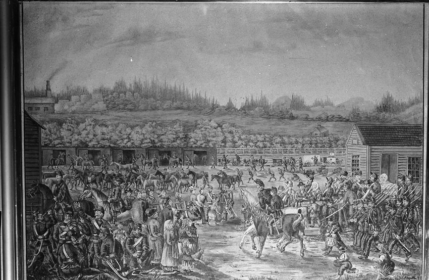 Tavla föreställande "Norra Arméns hemresa efter höstmanövern 1888".