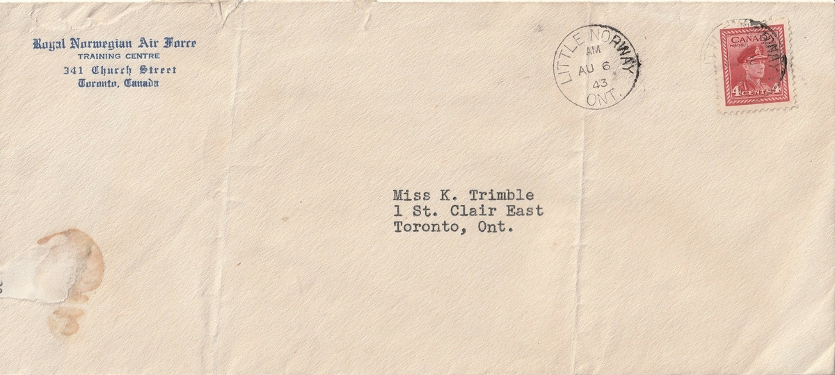 A4 ark med "Little Norway Fund" logo på toppen.På baksiden del av konvolutt som brevet var sendt i, stemplet 27 april 1944 i Toronto.