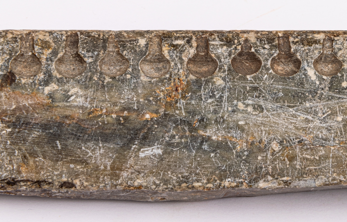 Stenföremål av täljsten, avlång med raka sidor. På ena sidan finns 15 små urgröpningar och i föremålets båda ändar borrade hål.