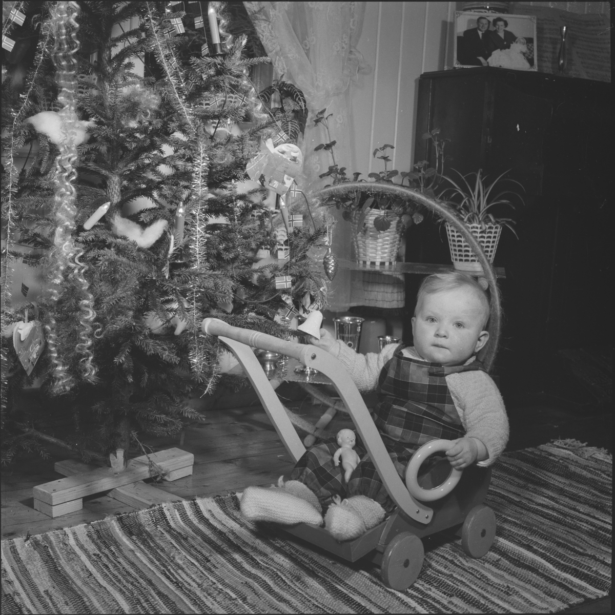 Anne Stokke i dukkevogn ved pyntet juletre med leker.