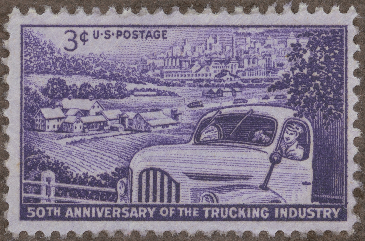 Frimärken ur Gösta Bodmans filatelistiska motivsamling, påbörjad 1950. Frimärke från U.S.A. 1953. Motiv av Lastbil "med bilindustristaden Detroit i bakgrunden och typisk amerikansk farmscen i förgrunden. - 50-årsminne av lasbilindutrien1903-1953."