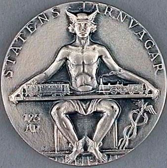 Minnesmynt av silver från SJ:s 125 årsjubileum.
På framsidan Oscar 1:e ocg Karl XVI Gustaf, och på baksidan guden Merkurius hållande ett ellok och ett ånglok. Runt kanten texten Statens Järnvägar.