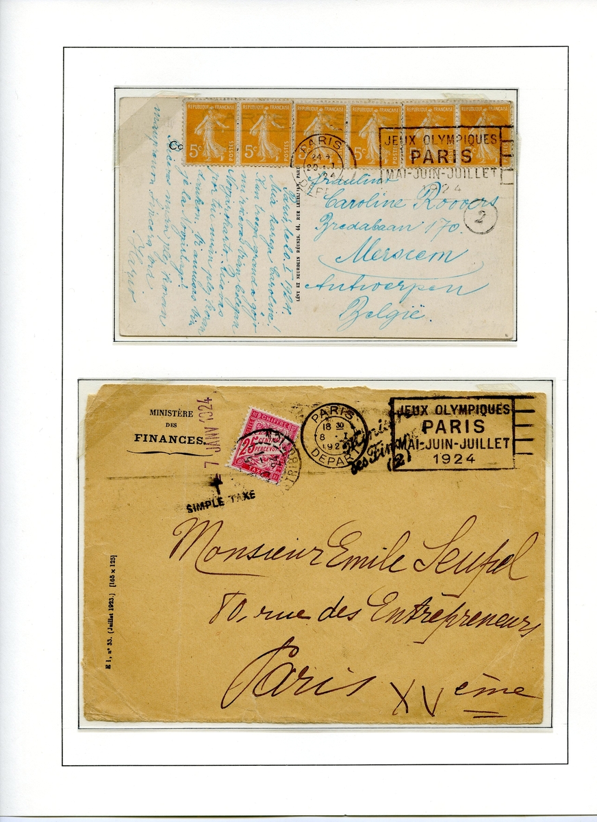 Ett postkort og en konvolutt montert på en albumside. Det øverste postkortet er frankert med seks franske frimerker (gule, type semeuse). Det andre postkoret er frankert med et rødt fransk frimerke og stemplet  i januar 1924. Frimerket er merket CHIFFRE TAXE.
