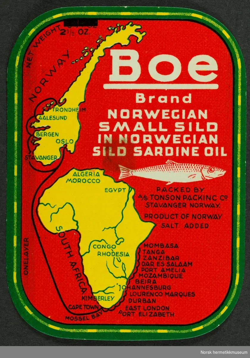 Kart som viser Norge og Afrika tilknytet med en linje.
Bilde av en brisling