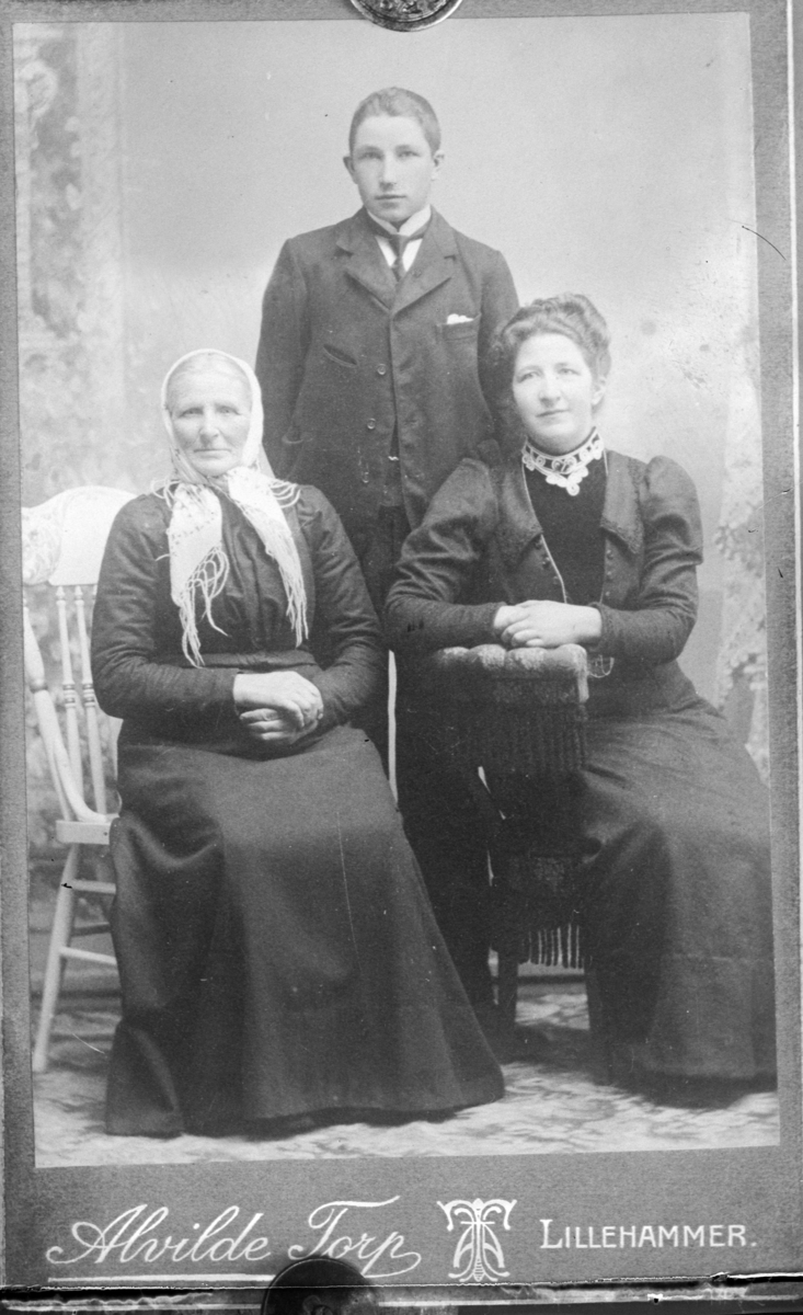 Tre generasjoner med mor og datter foran og en gutt bak. Den eldre kvinnen har skaut og den yngre kvinnen har kjole med høy hals med broderi i halsen.