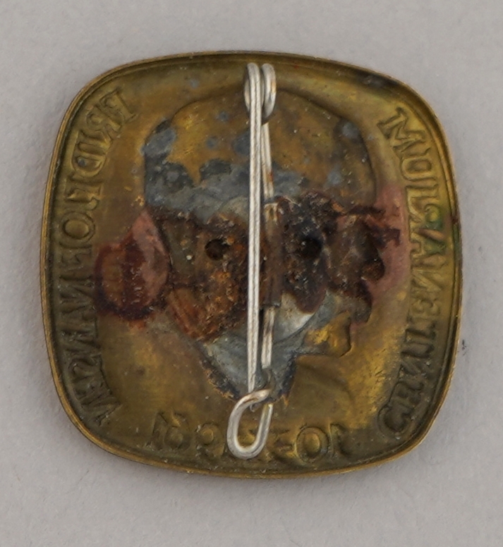 Liten firkanta pin i metall med istempla protrett av Fritjof Nansen. Påmontert sikkerhetsnål bak som feste.
